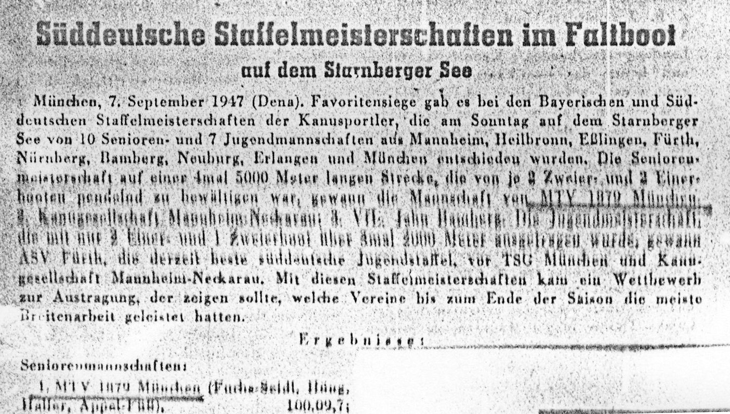 Artikel über Süddeutsche Staffelmeisterschaften 1947 - Quelle: Chronik MTV München